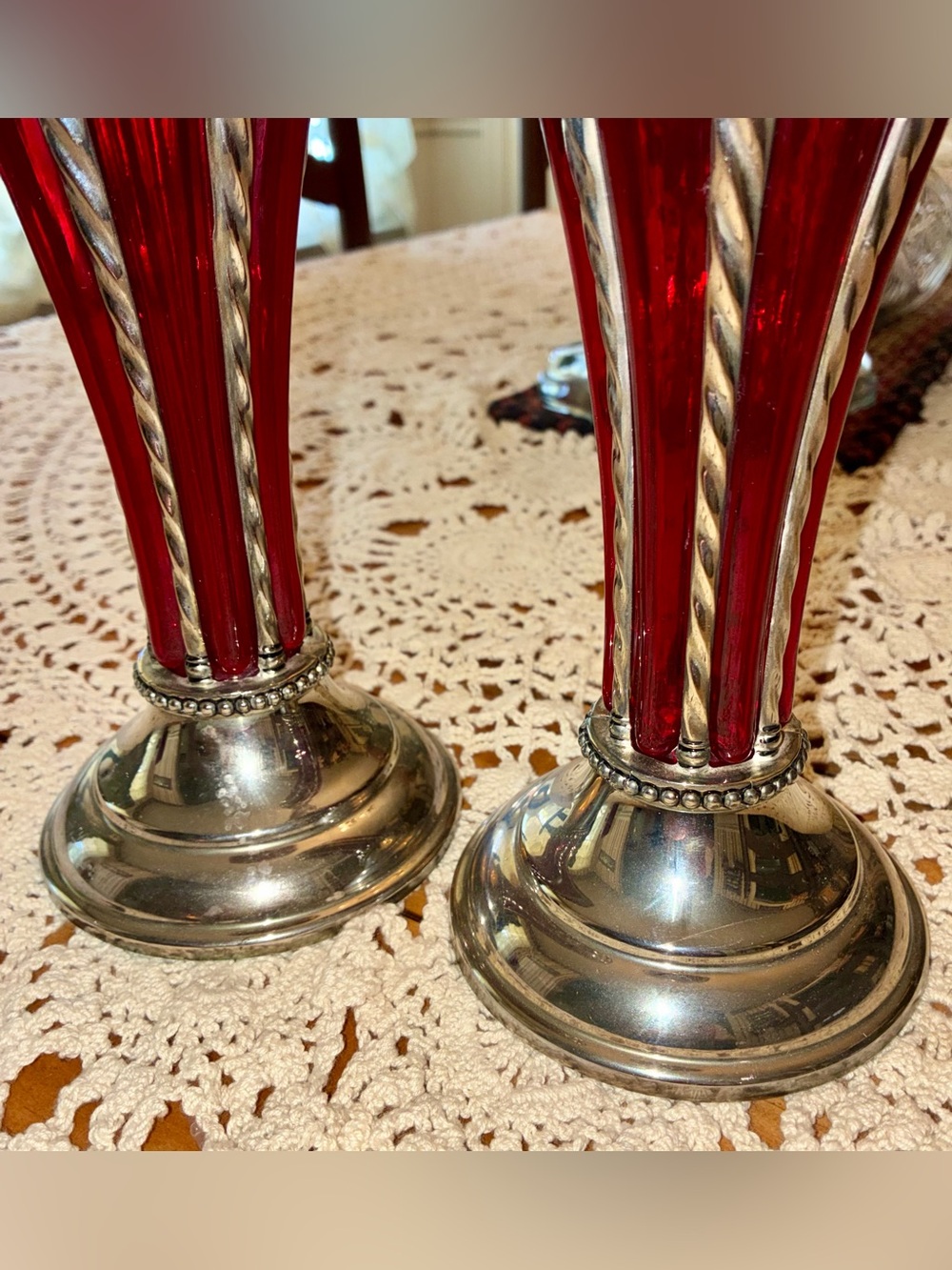 Vintage MCM Bubble Glass Decorative Red Glass and Silver Candle Holders - Pair - Picture 4 of 11